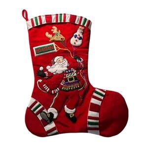 Retro Santa Christmas Stocking Applique Embroidered Red 19” Holiday Decor